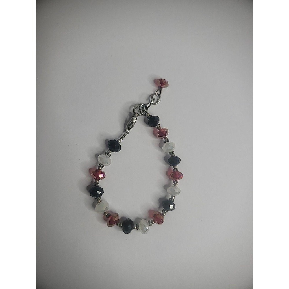 Vintage Silver Tone Beaded Faceted Red Black White‎ Bracelet Jewelry Costume